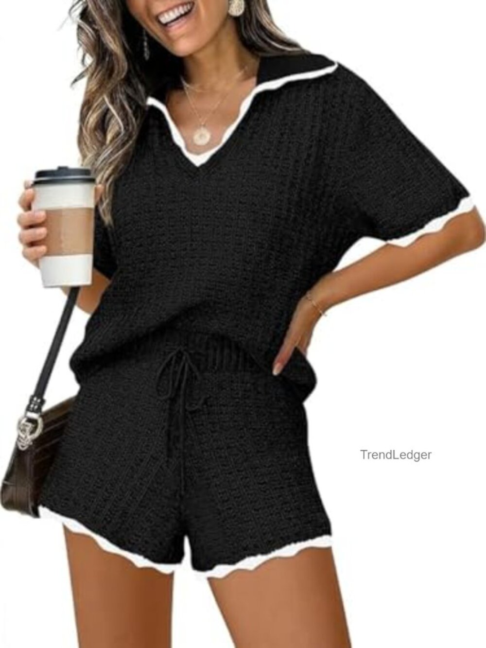 2 Piece Lounge Set V Neck Knit Top with Shorts Contrast Trim